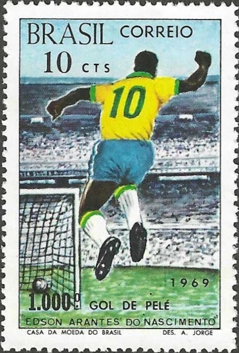 Brazilian stamp commemorating Pelé's 1,000th goal